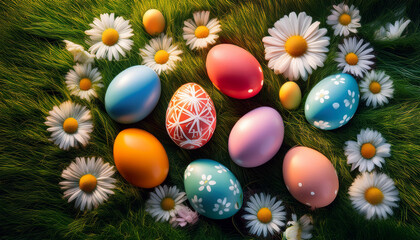 Colorful Easter Eggs Arranged On Green Grass With Daisies