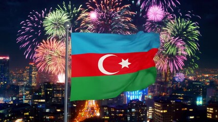 Azerbaijani flag  independence day with fireworks over illuminated city at night, symbolizing national pride and celebration