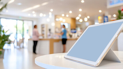 Tablet on a white table displaying an anonymous survey in an NGO support center with blurred staff and visitors in the background. Survey research answer checklist