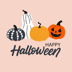 Halloween happy pumpkins card vector design. pumpkin lantern funny faces for holiday spooky trick or treat
