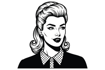 Vector art of a vintage pop art illustration of a stylish woman with elegant hair and a polka dot blouse, ideal for retro designs and graphics