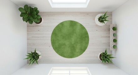 Overhead view of a room featuring a circular green rug centered on light wooden flooring, with potted plants positioned around the perimeter creating a modern, minimalist interior design with bright
