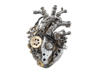 Futuristic Mechanical Heart with Exposed Gears and Wires on Transparent Background