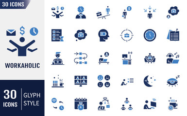 Workaholic Flat Icons set. Containing hobby, meditation, spa, and more. Vector illustration