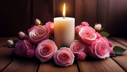 Condolences Card With Burning Candle And Elegant Pink Roses Arrangement On Wooden Background For Day Of The Dead