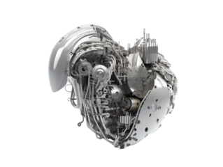 Futuristic Mechanical Heart with Exposed Gears and Wires on Transparent Background
