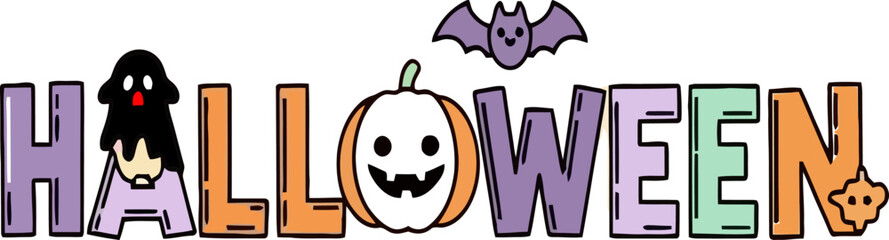 Playful Halloween Lettering Design – Illustrated HALLOWEEN Typographic Art with Ghost Pumpkin Bat and Cat Motifs