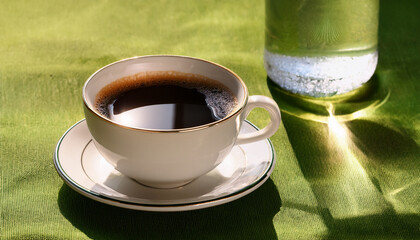 A Serene Morning Setting Featuring A Freshly Brewed Cup Of Coffee Paired With A Clear Water Bottle On A Green Tablecloth