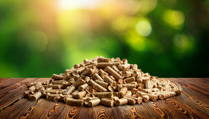 A Pile Of Wood Pellets On A Wooden Surface With A Blurred Green Background