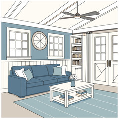 Coastal Farmhouse Living Room Sketch Vaulted Wood Ceiling and Window Wall Vector 