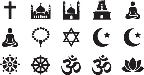 “Religion & Spirituality Icons Set – 8–12 Black Silhouette Crosses, Mosques, Temples & Meditation Symbols for Vector & Digital Use”