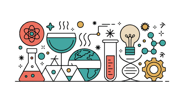A flat design illustration of scientific and technological elements arranged in a horizontal layout against a white background 
