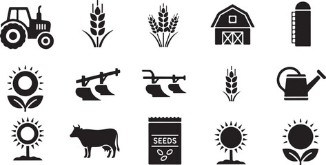 Agriculture & Farming Icons Set – 8–12 Black Silhouette Tractors, Crops, Barns & Farm Symbols for Vector & Digital Use