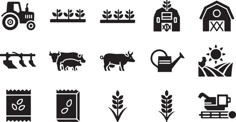 Agriculture & Farming Icons Set – 8–12 Black Silhouette Tractors, Crops, Barns & Farm Symbols for Vector & Digital Use