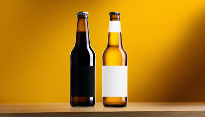 Two Beer Bottles Mockup Yellow Background Black And White Blank Label