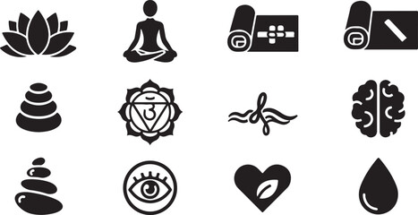 Yoga & Meditation Icons Set – 8–12 Black Silhouette Lotus Poses, Chakras & Mindfulness Symbols for Vector & Digital Use