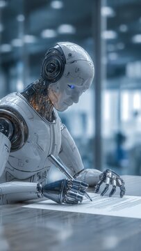 Robotic Intelligence and Creativity: A sophisticated, and detailed image of a sleek, lifelike robot diligently engaged in writing, highlighting the intersection of technology and human ingenuity.