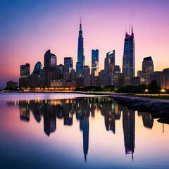 Fototapeta premium Stunning twilight city skyline with glowing lights reflecting on water, modern urban evening panorama.