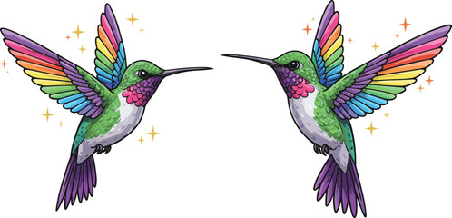 Colorful hummingbirds, flying together, rainbow feathers, green body, pink throat, white background, magical sparkles, symmetrical pose, vector art, nature illustration