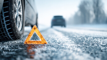 Warning triangle placed on icy road beside vehicle, highlighting winter driving hazards and the importance of safety measures in adverse conditions