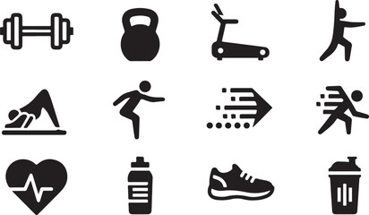 Fitness & Gym Icons Set – 8–12 Black Silhouette Dumbbells, Treadmills & Exercise Symbols for Vector & Digital Use