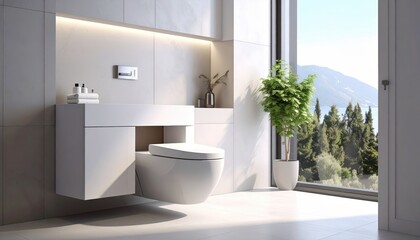 Modern bathroom interior showcases a minimalist design with pristine white surfaces and integrated toilet.