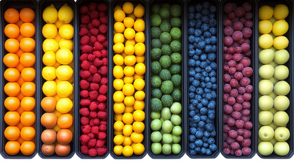 An Illustration of Colorful Produce Arranged in Black Containers