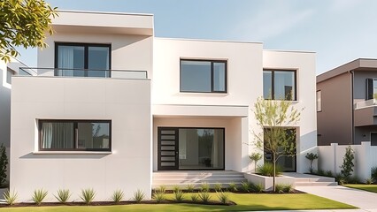 Fototapeta premium Modern residential architecture with clean lines, bathed in neutral tones under daylight.