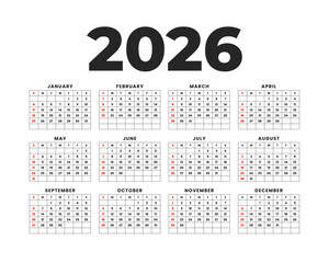 white black 2026 full page calendar template