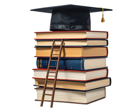 A tall stack of hardcover books with a black graduation cap placed on the top, a smal 