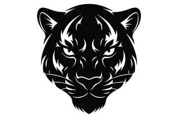 Illustration of a black tiger head with piercing eyes and detailed fur markings, presented in a bold, symmetrical design
