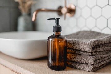 Amber Dispenser Bottle and Rolled Towels in Bathroom