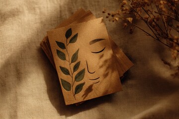 Green leaves tucked into brown seed packets grid.
