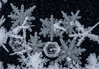 An extreme macro shot captures a cluster of beautifully intricate snowflakes resting on a dark background. The unique, hexagonal crystalline structure of each flake is clearly visible, highlighting th