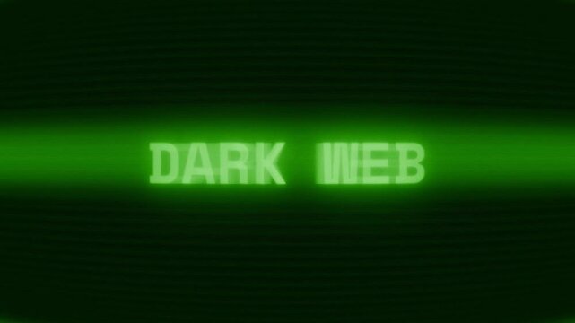 Old green CRT screen showing text DARK WEB appearing in random glitch and coding style