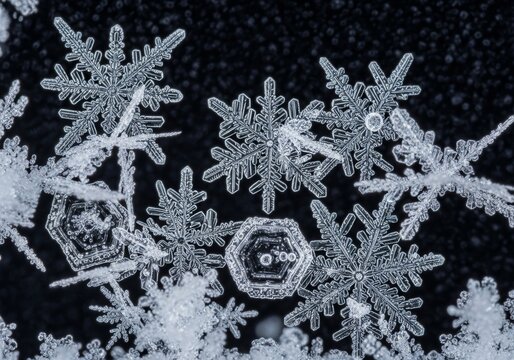 An extreme macro shot captures a cluster of beautifully intricate snowflakes resting on a dark background. The unique, hexagonal crystalline structure of each flake is clearly visible, highlighting th