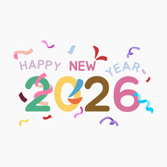 2026 numbers with colorful confetti and Happy New Year text on white background. Ideal for New Year greeting cards and festive party concepts