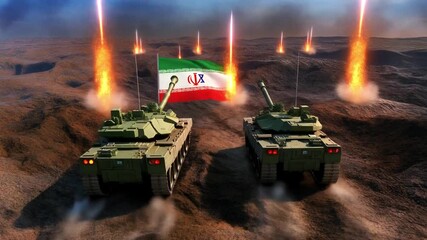 Iranian flag between tanks and missile launches in desert, symbolizing military power and conflict - Powered by Adobe