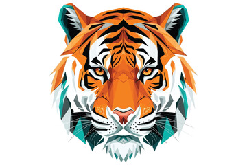 Vector art of striking low poly tiger head with vibrant orange and teal hues, showcasing a modern and geometric design