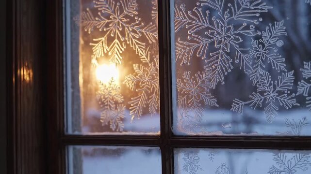 Frosty windowpanes glow with warm indoor light on a winter evening