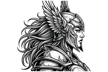Vector art of detailed monochrome illustration of a valkyrie in winged helmet and armor, exuding strength and determination