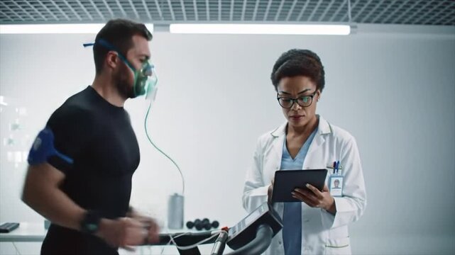 An athlete performs a fitness assessment on a treadmill while a medical expert monitors data on a device. The setting is a modern lab designed for health evaluations