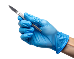 A hand in a blue latex glove delicately holding a scalpel tilted upward, emphasizing 