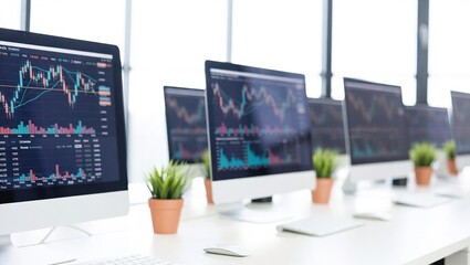 Row of computer monitors displaying stock market charts and graphs.