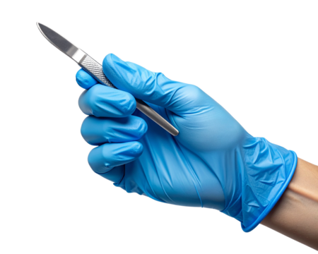 A hand in a blue latex glove delicately holding a scalpel tilted upward, emphasizing 