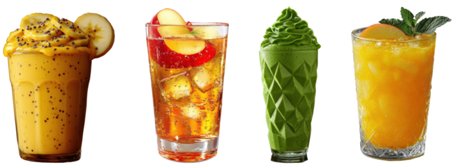 Four refreshing and colorful fruit smoothies and beverages isolated on transparent background offering delicious healthy choices.
