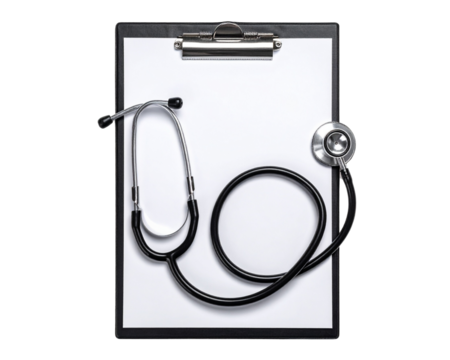 A flat lay top-down view of a clipboard with blank sheet and a stethoscope placed nea 