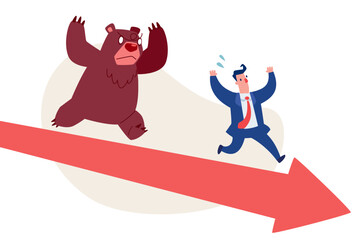 businessman running away from bear on downward arrow