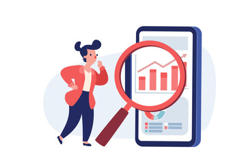 businesswoman analyzing chart on smartphone screen using magnifying glass