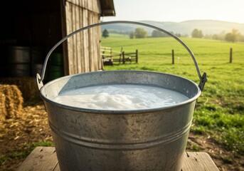 A galvanized metal bucket filled with frothy, fresh white milk is placed on a wooden surface outside a barn. The scene is bathed in warm, golden light, with a backdrop of green pastures and rolling fa